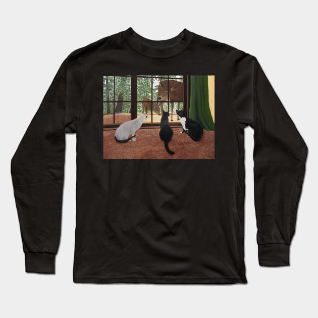 Cats Looking at Deer Outside the Window. Long Sleeve T-Shirt by KarenZukArt